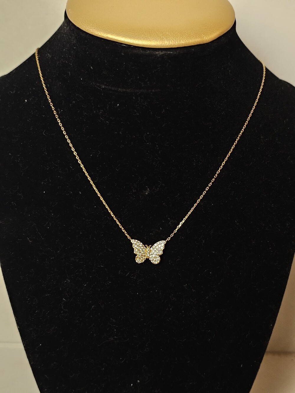 Gold Butterfly Pendant Necklace - Sparkling CZ Accent Womens Adjustable